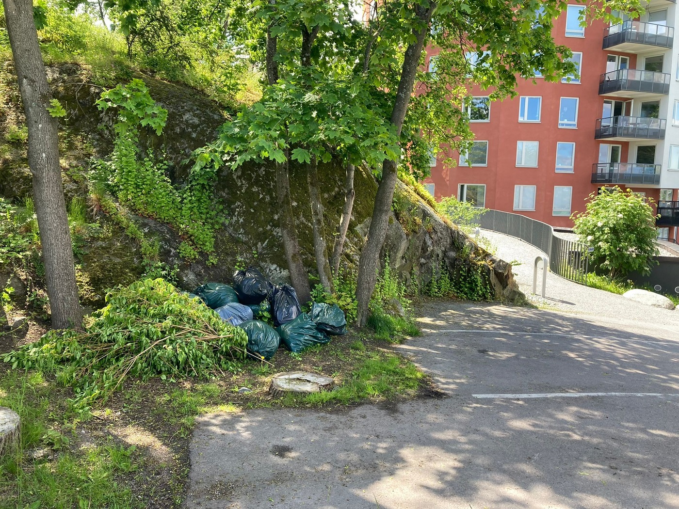 Trädgårdsavfall utanför bostad i Stockholm.